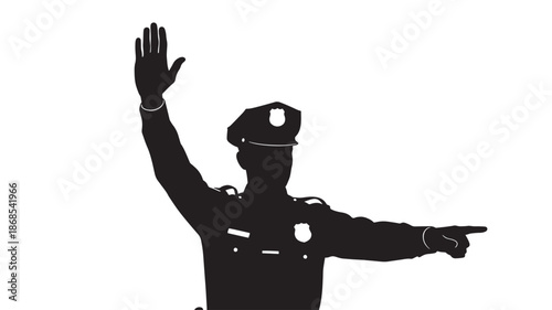 A silhouetted police officer directing traffic with a raised hand and pointing gesture illustrating authority