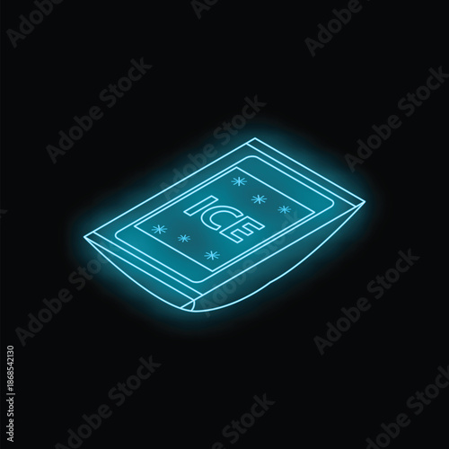 Bright blue neon sign of an ice pack, glowing on a black background, ideal for representing cold therapy or frozen goods