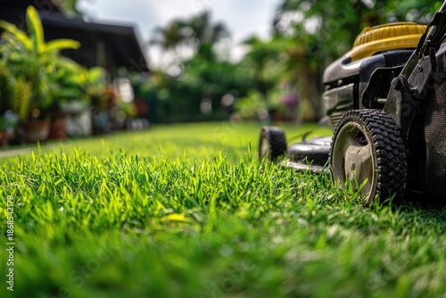 Close-up of green grass and a lawnmower, blurred background featuring a house and greenery