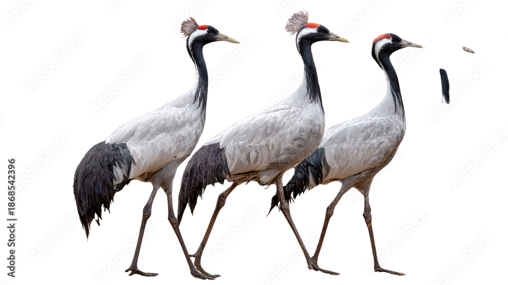 Fototapeta premium A beautiful grey crowned crane with a red head and golden crown stands isolated on a white background, showcasing its elegant feathers and wild nature as a stunning example of avian wildlife