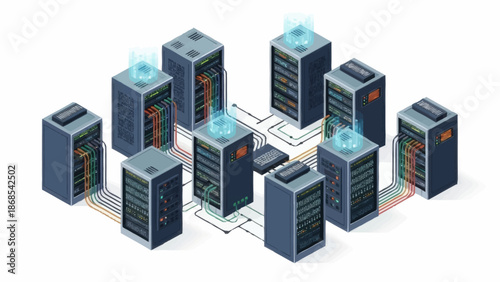 Cluster of interconnected server racks with data center equipment.