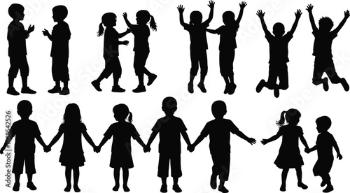 Silhouettes of children playing, dancing, and interacting in joyful poses, representing friendship, movement, and social bonding in childhood