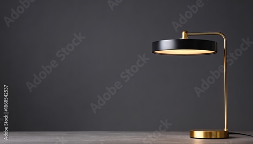 Modern black and gold desk lamp illuminated against a dark gray background