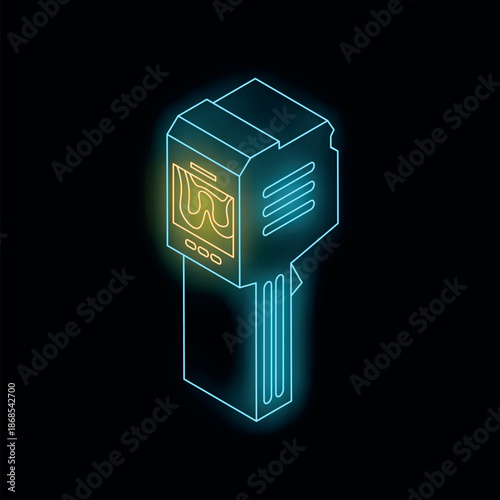 Isometric view of a thermal imager showing heat distribution with glowing neon lines on a dark background