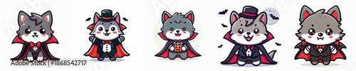 A collection of five adorable cartoon wolf characters dressed in various vampire costumes, featuring capes, hats, and spooky elements like bats and a moon, perfect for Halloween.