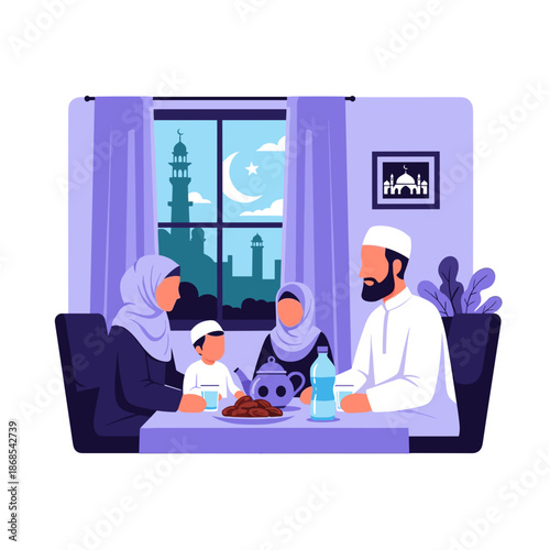 Muslim family sharing iftar meal together at home during Ramadan