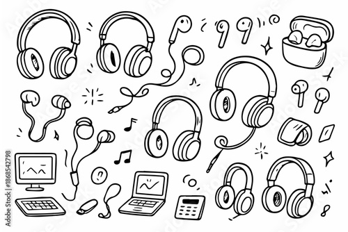 Hand-drawn doodle vector set of headphones and ear monitors including over-ear, in-ear, and studio audio devices created in a fun style, isolated on white background