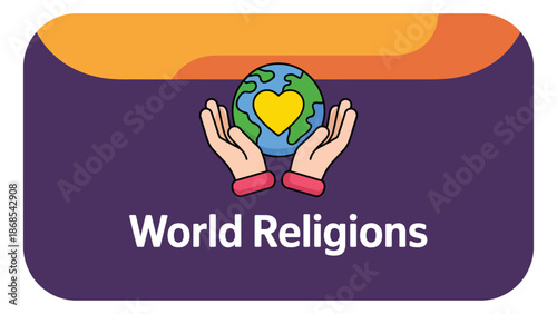 world religions illustration with human hands holding earth and heart symbol on modern purple background promoting unity, faith and global harmony
