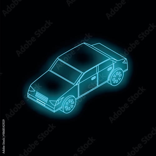 Neon outline of a generic sedan glowing blue on black background, representing automotive innovation and future technologies