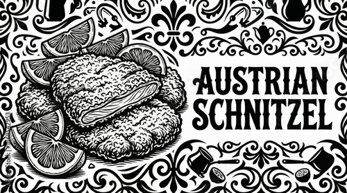 Austrian schnitzel served with lemon slice Monochrome vector illustration, representing classic European meat dishes in clean outline style