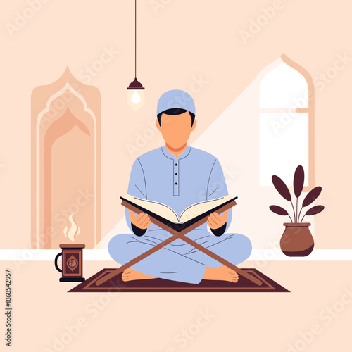 Man reading Quran in peaceful prayer room with cup of coffee