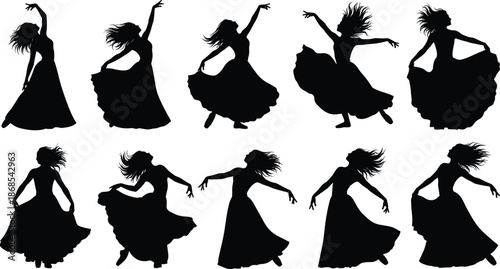 Silhouettes of dancer in flowing skirt performing expressive movements, capturing elegance, rhythm, and emotion through dynamic dance poses