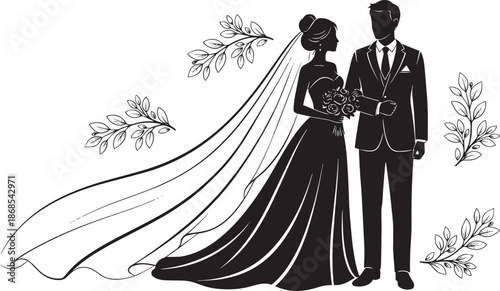 Elegant Wedding Couple Silhouette with Long Bridal Veil and Floral Accents for Marriage Invitation Design