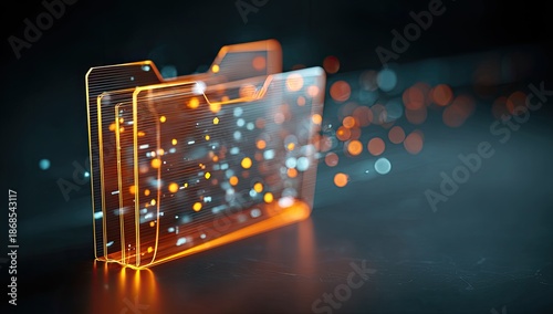Conceptual artwork of a folder rendered in a transparent orange hue, data streaming