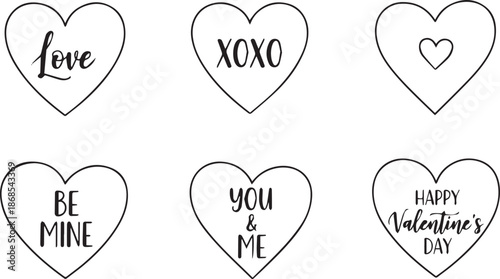Valentines Day heart quotes set with XOXO Be Mine and Love messages for romantic stickers and gift tags