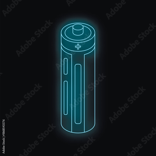 Neon battery icon glowing on dark background, symbolizing energy, power, and electricity