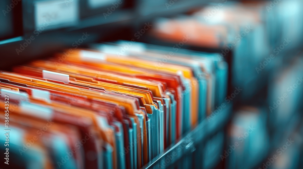 Fototapeta premium Close-up of organized file folders with colorful documents in a drawer, shallow depth of field