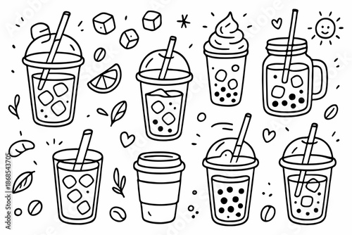 Hand-drawn doodle vector set of iced coffee and bubble tea drinks including cups, glasses, straws, and toppings illustrated in a fun style, isolated on white background
