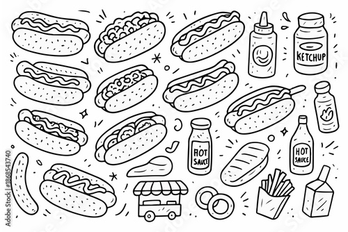 Hand-drawn doodle vector set of hot dogs and condiments including buns, sauces, and toppings created in a fun style, isolated on white background