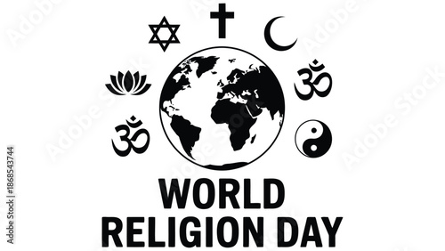 world religion day black and white illustration with globe and religious symbols promoting faith, unity, diversity and global harmony