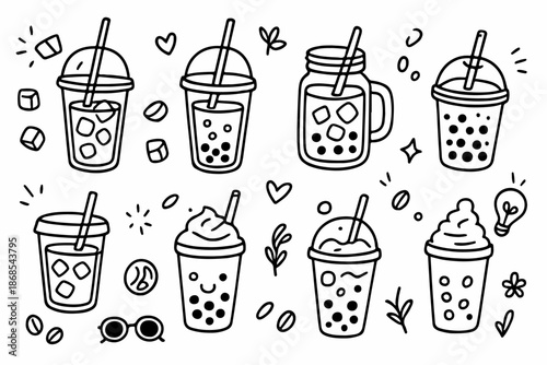 Hand-drawn doodle vector set of iced coffee and bubble tea drinks including glasses, cups, straws, and toppings illustrated in a fun style, isolated on white background