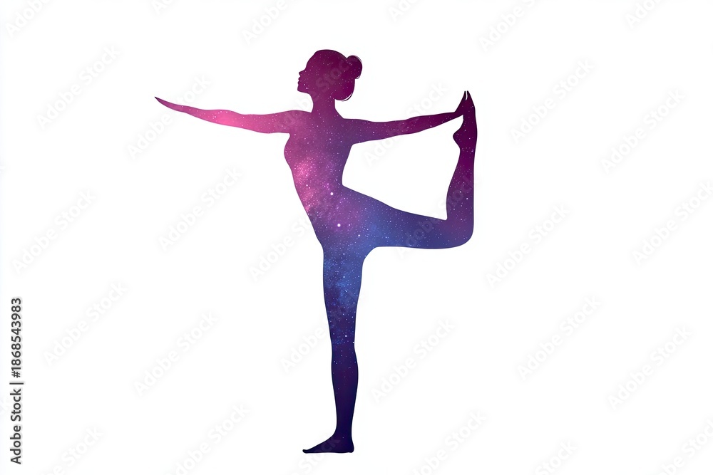 Obraz premium Silhouette of a Woman Yoga Pose with Galaxy Pattern on White Background