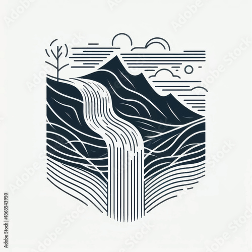 Fotografie Monochrome Mountain Landscape with Waterfall and Geometric Design