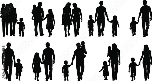 Silhouettes of various family groups in dynamic poses, representing caregiving, bonding, and emotional connection across diverse family structures