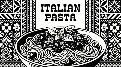 Italian pasta with tomato sauce and herbs Black and white vector illustration, showcasing simple yet iconic European cuisine