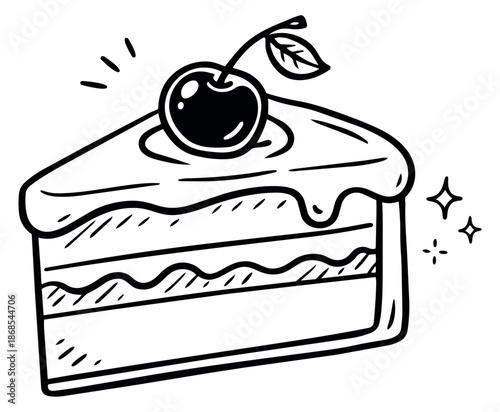 Hand drawn line art illustration of a slice of cake with a cherry on top depicting a sweet dessert treat for bakery menus and confectionery branding