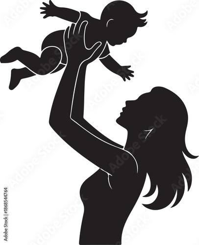 Mother Lifting Baby Silhouette Icon, baby holding mom, maternal bond icon.