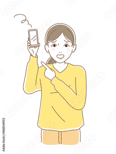 スマートフォンの画面を指差して困惑する若い女性、操作の悩みやSNSトラブルのイラスト