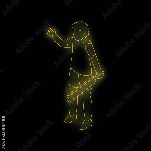 Golden neon sign of cricketer holding a bat and waving on a black background