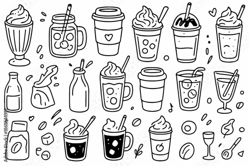 Hand-drawn doodle vector set of milkshakes and cold coffee drinks including cups, straws, whipped cream, and toppings designed in a fun style, isolated on white background