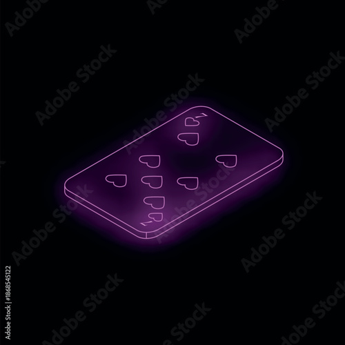 Glowing neon seven of hearts playing card on dark background representing games and gambling