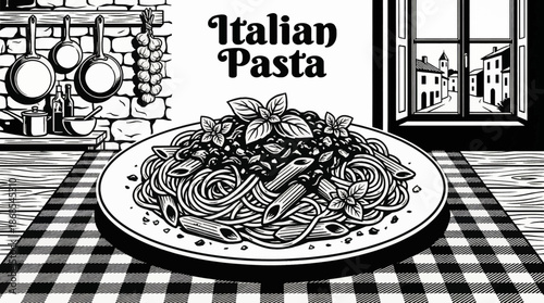 Italian pasta with tomato sauce and herbs Black and white vector illustration, showcasing simple yet iconic European cuisine