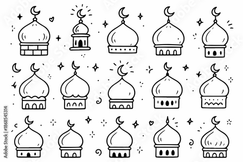 Hand-drawn doodle vector set of mosque domes created in a fun sketchy ink style, isolated on white background