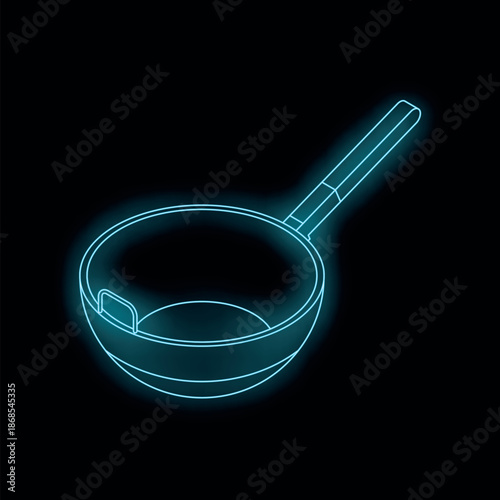 Bright neon saucepan glowing on a dark background, perfect for restaurant menus, cooking websites, or culinary blogs