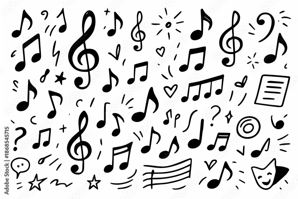 Obraz premium Hand-drawn doodle vector set of music notes and treble clefs created in a fun style, isolated on white background