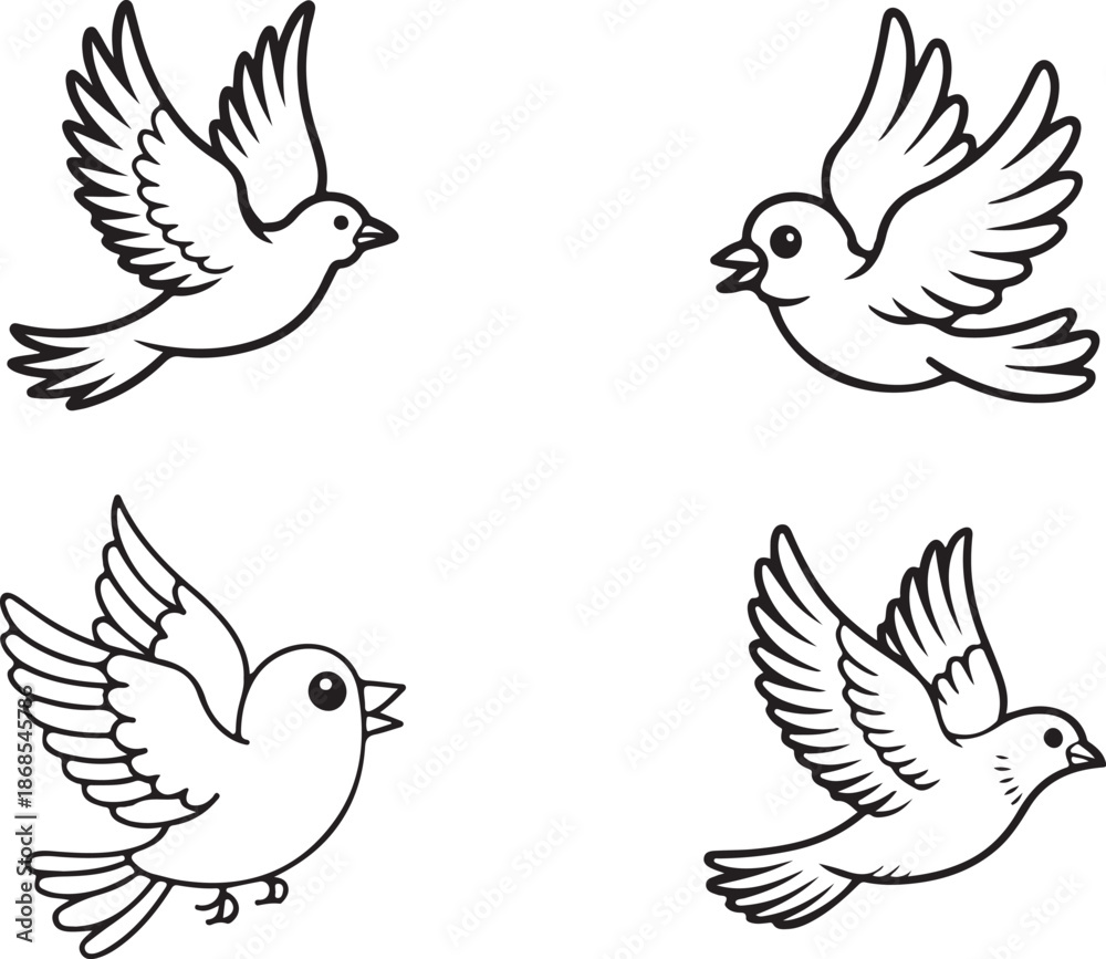 Obraz premium Cute Flying Birds Outline Vector Set, 