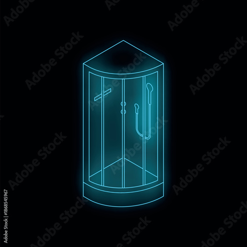 Glowing blue neon shower cabin illuminating dark bathroom, modern bathroom equipment