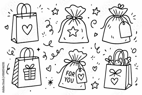 Hand-drawn doodle vector set of party favor bags created in a playful sketchy style, isolated on white background