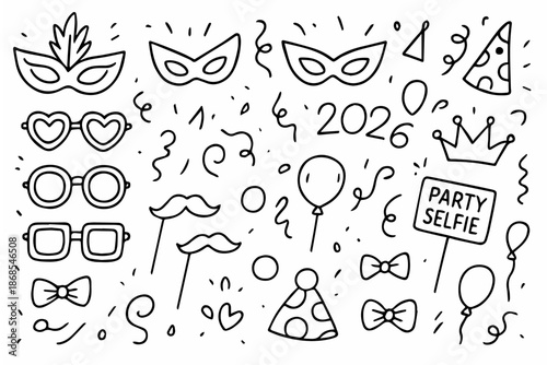 Hand-drawn doodle vector set of party masks and props created in a playful style, isolated on white background