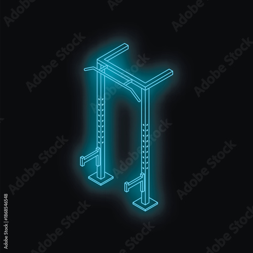 Neon blue pull up bar station isometric projection on black background, ideal for fitness and gym concepts