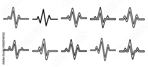 ecg wave medical health care outline icon set, line art minimal design