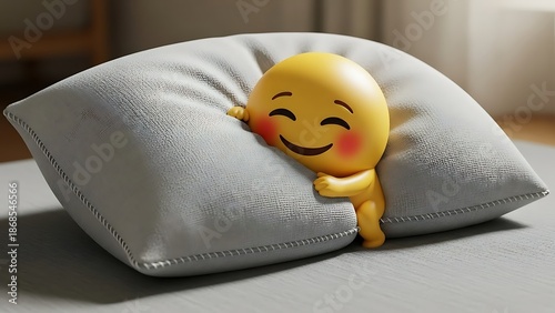 Cheerful emoji figure resting on a comfortable pillow illustration