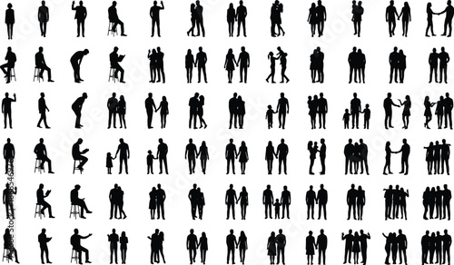 Large collection of people silhouettes showing couples, families, groups and individual poses, black vector human icons isolated on gray background for social concepts, infographics, animation and des
