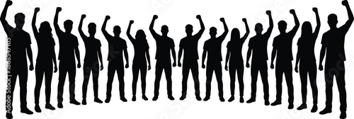 Black silhouette of a diverse group of people standing together with raised fists for protest revolution unity success and celebration.