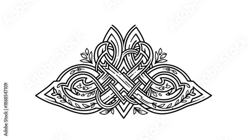 Intricate Celtic Knot Ornament, Corner Design with Traditional Decorative Elements, Black and White, Isolated White Background