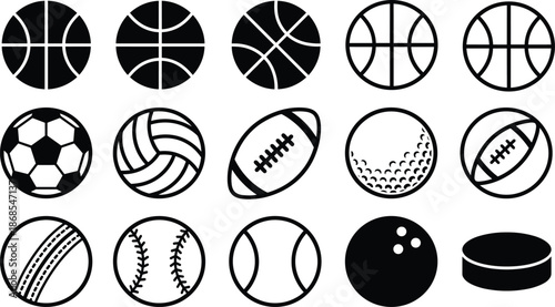 Set of black and white sports ball icons including basketball, soccer, volleyball, rugby, baseball, golf and hockey, flat vector symbols isolated on gray background